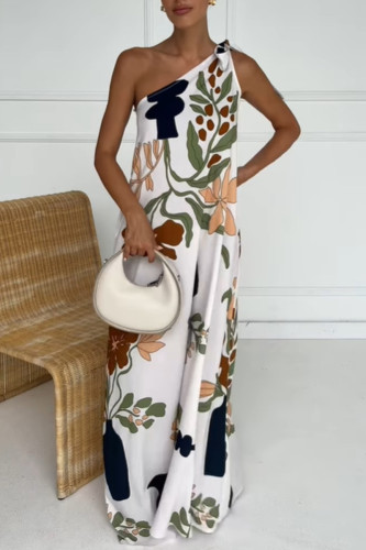 Elegant Floral Print Lace Up Contrast Sloping Shoulder Printed Dresses