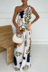Elegant Floral Print Lace Up Contrast Sloping Shoulder Printed Dresses