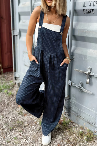Casual Plaid Pocket Contrast Square Neck Loose Jumpsuits