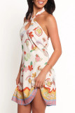 Vacation Graffiti Print Lace Up Backless Halter Printed Dresses