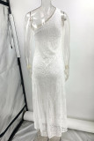 Sexy Solid Color Lace Slit Sloping Shoulder Long Dresses