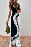 Sexy Tie Dye Print Backless Contrast U Neck Long Dresses