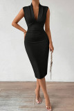 Sexy Solid Color Ruched V Neck Wrapped Skirt Dresses