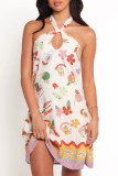 Vacation Graffiti Print Lace Up Backless Halter Printed Dresses
