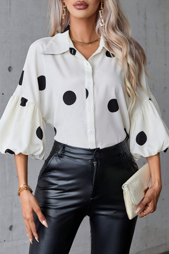 Casual Polka Dot Patchwork Contrast Turndown Collar Tops