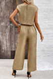 Casual Bronzing Pattern Patchwork Ruched O Neck Short Sleeve Two Pieces