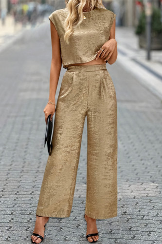 Casual Bronzing Pattern Patchwork Ruched O Neck Short Sleeve Two Pieces