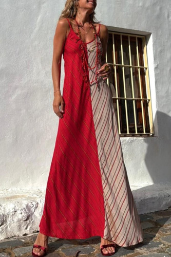 Vacation Stripe Patchwork Contrast V Neck Sling Dresses