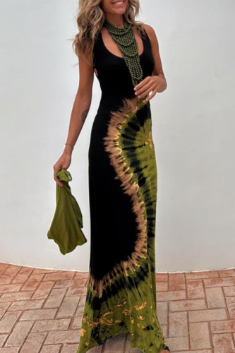 Sexy Tie Dye Print Backless Contrast U Neck Long Dresses