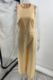 Casual Solid Color Patchwork Slit O Neck Jumpsuits