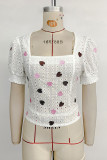 Casual Heart Shaped Embroidered Hollow Out Lace Up Backless Square Neck Tops