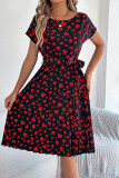 Elegant Love Print Lace Up Pleated O Neck A Line Short Sleeve Dress