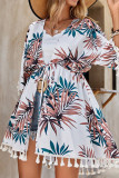 Vacation Floral Print Draw String Fringed Hem Swimwears Cover Up