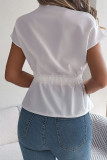 Casual Solid Color Draw String Buttons Mandarin Collar Tops
