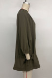 Casual Solid Color Draw String Pocket O Neck A Line Dresses