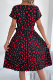 Elegant Love Print Lace Up Pleated O Neck A Line Short Sleeve Dress