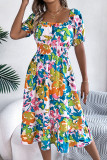 Vacation Floral Print Ruffle Contrast Square Neck A Line Dresses