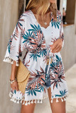 Vacation Floral Print Draw String Fringed Hem Swimwears Cover Up