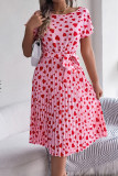 Elegant Love Print Lace Up Pleated O Neck A Line Short Sleeve Dress