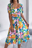 Vacation Floral Print Ruffle Contrast Square Neck A Line Dresses