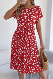 Elegant Love Print Lace Up Pleated O Neck A Line Short Sleeve Dress