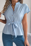 Casual Solid Color Draw String Buttons Mandarin Collar Tops