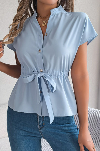 Casual Solid Color Draw String Buttons Mandarin Collar Tops