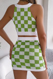 Sexy Plaid Weave Contrast Halter Sleeveless Two Pieces