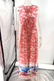 Casual Landscape printing Lace Up Contrast V Neck Sleeveless Dresses