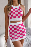 Sexy Plaid Weave Contrast Halter Sleeveless Two Pieces
