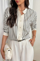 Casual Stripe Buttons Contrast Mandarin Collar Tops