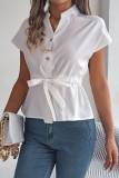 Casual Solid Color Draw String Buttons Mandarin Collar Tops