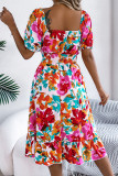 Vacation Floral Print Ruffle Contrast Square Neck A Line Dresses