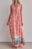 Casual Landscape printing Lace Up Contrast V Neck Sleeveless Dresses