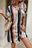 Casual Stripe Patchwork Contrast V Neck Short Sleeve Short Sleeve Dress