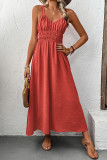 Vacation Solid Color Lace Up Ruched V Neck Sling Dresses