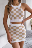 Sexy Plaid Weave Contrast Halter Sleeveless Two Pieces