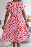 Elegant Love Print Lace Up Pleated O Neck A Line Short Sleeve Dress