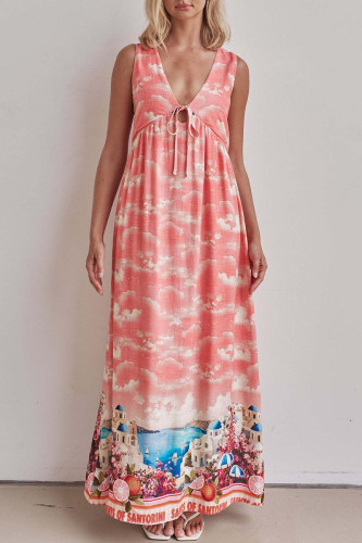 Casual Landscape printing Lace Up Contrast V Neck Sleeveless Dresses