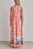 Casual Landscape printing Lace Up Contrast V Neck Sleeveless Dresses