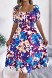 Vacation Floral Print Ruffle Contrast Square Neck A Line Dresses