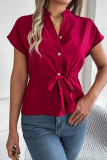 Casual Solid Color Draw String Buttons Mandarin Collar Tops