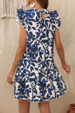 Vacation Floral Print Flounce Contrast O Neck A Line Dresses