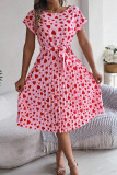 Elegant Love Print Lace Up Pleated O Neck A Line Short Sleeve Dress