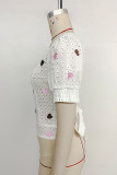 Casual Heart Shaped Embroidered Hollow Out Lace Up Backless Square Neck Tops