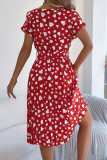 Elegant Love Print Lace Up Pleated O Neck A Line Short Sleeve Dress