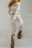 Sexy Solid Color Lace Draw String See-Through O Neck Long Sleeve Two Pieces