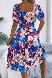 Vacation Floral Print Ruffle Contrast Square Neck A Line Dresses