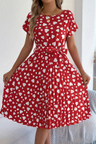 Elegant Love Print Lace Up Pleated O Neck A Line Short Sleeve Dress
