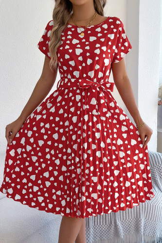 Elegant Love Print Lace Up Pleated O Neck A Line Short Sleeve Dress